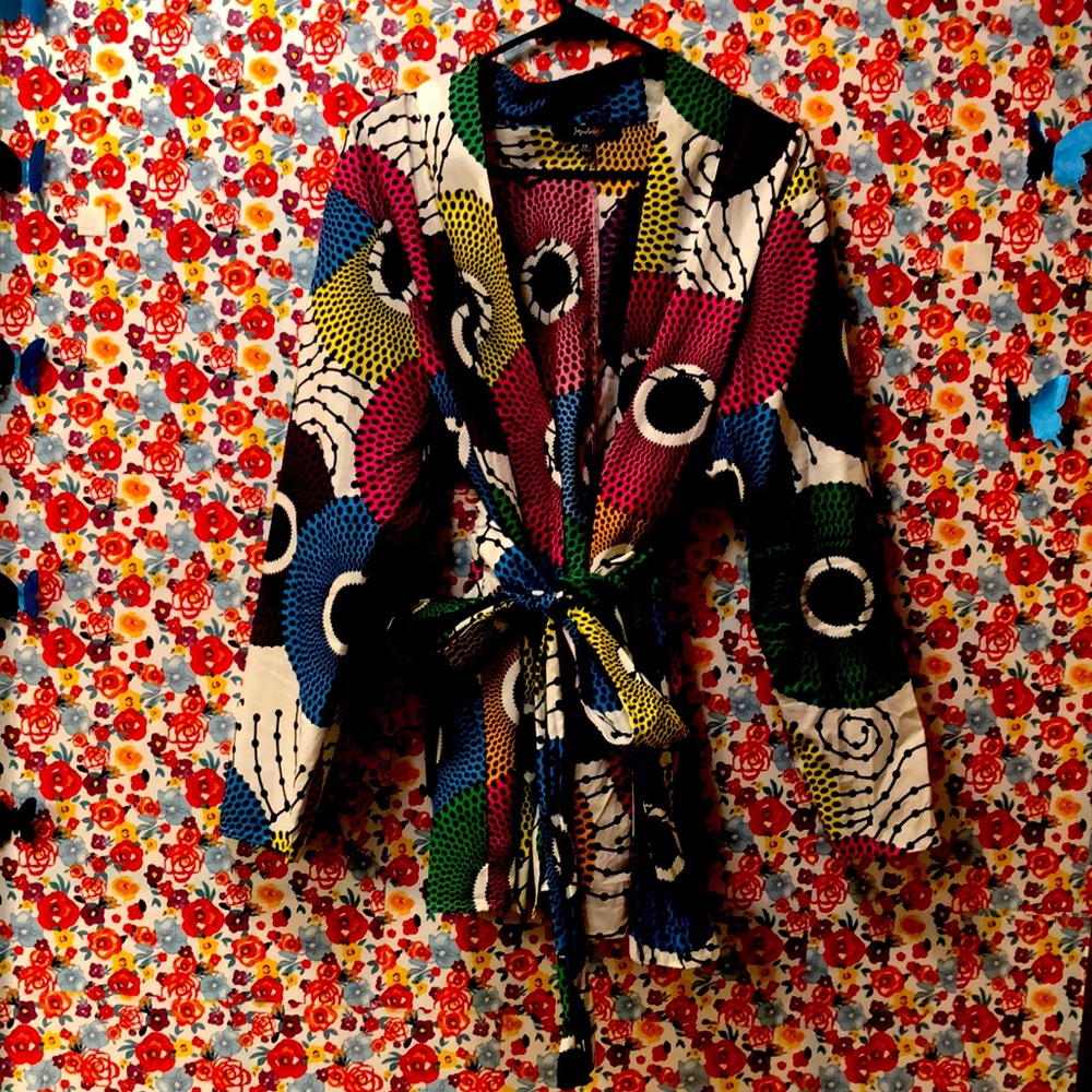 Multi-color blazer with tie belt